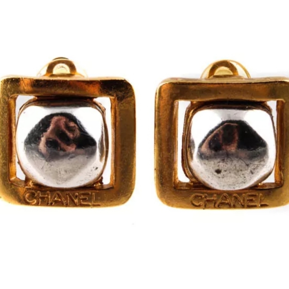 🥳HP🥳 Chanel Gold and Silver Square Vintage Authentic Rare Clip-on Earrings